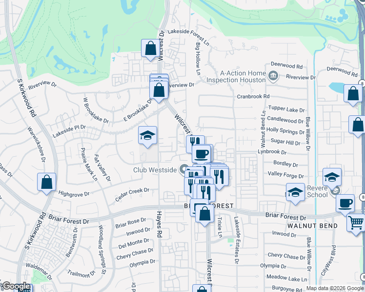 map of restaurants, bars, coffee shops, grocery stores, and more near 1802 Sandy Springs Road in Houston