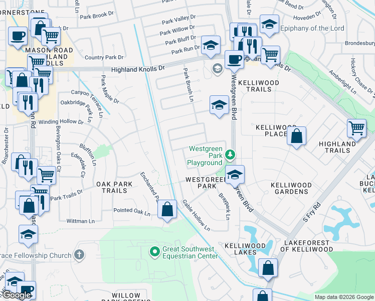 map of restaurants, bars, coffee shops, grocery stores, and more near 21322 Blissfield Lane in Katy