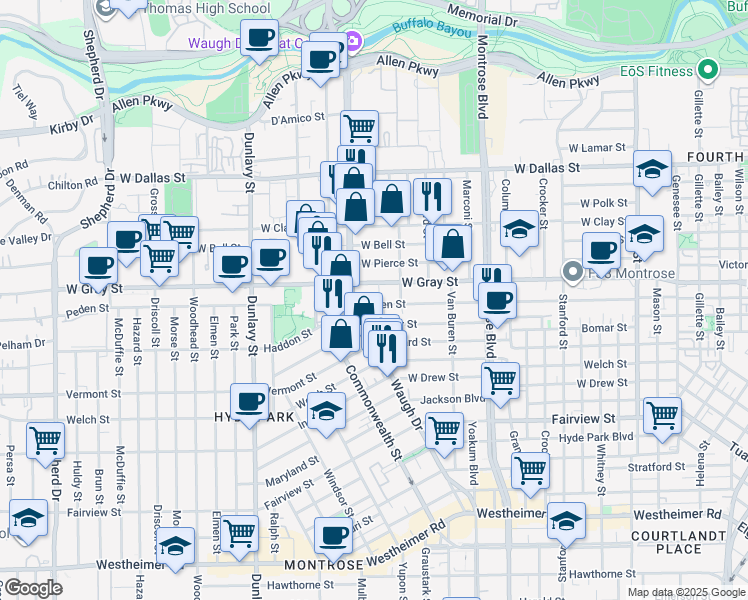 map of restaurants, bars, coffee shops, grocery stores, and more near 1316a Peden Street in Houston