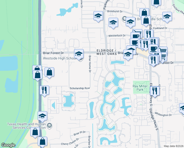 map of restaurants, bars, coffee shops, grocery stores, and more near 13907 Ashbury Park Court in Houston