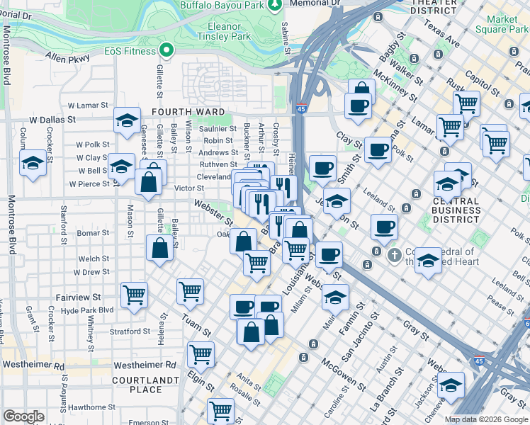 map of restaurants, bars, coffee shops, grocery stores, and more near 2002 Bagby Street in Houston