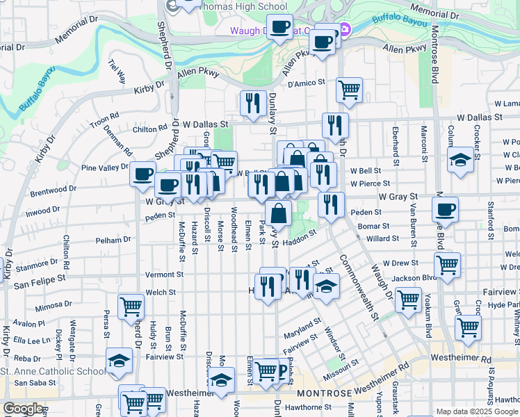 map of restaurants, bars, coffee shops, grocery stores, and more near 1919 West Gray Street in Houston