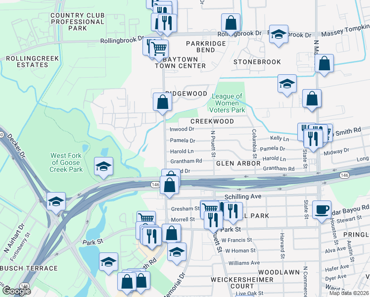 map of restaurants, bars, coffee shops, grocery stores, and more near 702 Harold Lane in Baytown
