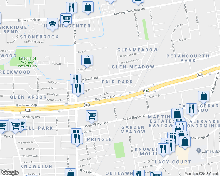 map of restaurants, bars, coffee shops, grocery stores, and more near 309 Midway Drive in Baytown