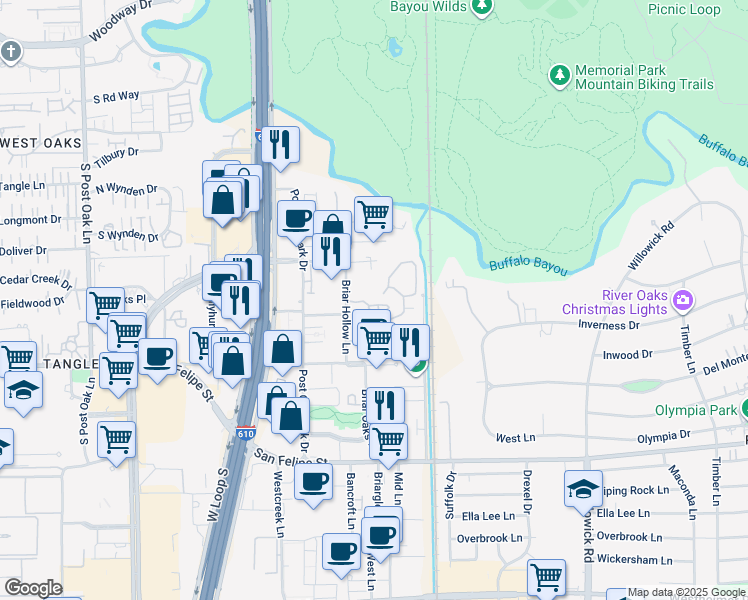 map of restaurants, bars, coffee shops, grocery stores, and more near 84 Audubon Hollow Lane in Houston