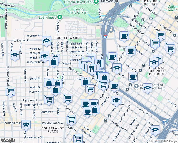 map of restaurants, bars, coffee shops, grocery stores, and more near 2000 Baldwin Street in Houston