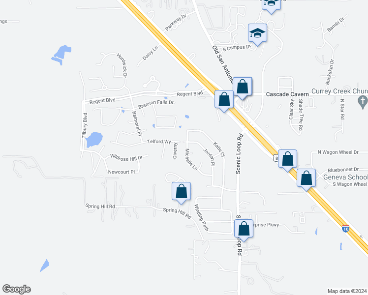 map of restaurants, bars, coffee shops, grocery stores, and more near 229 Michelle Lane in Boerne