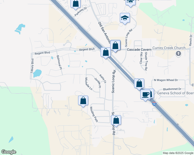 map of restaurants, bars, coffee shops, grocery stores, and more near 221 Jordan Place in Boerne