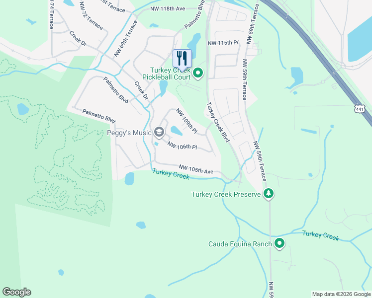 map of restaurants, bars, coffee shops, grocery stores, and more near 6379 Northwest 106th Place in Alachua