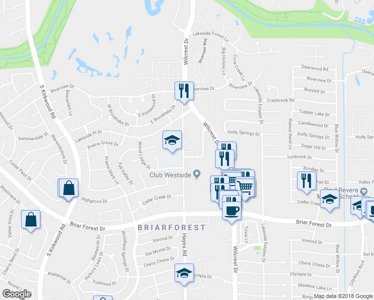 map of restaurants, bars, coffee shops, grocery stores, and more near 11206 Lynbrook Drive in Houston