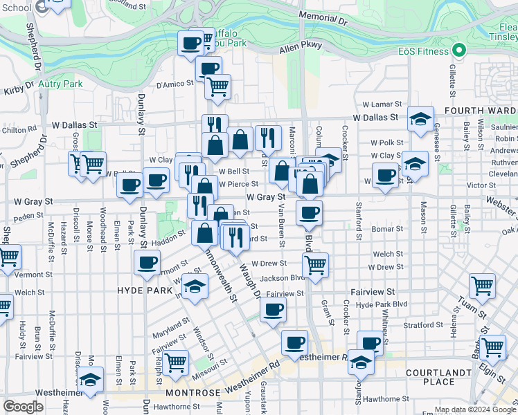 map of restaurants, bars, coffee shops, grocery stores, and more near 1245 Peden Street in Houston