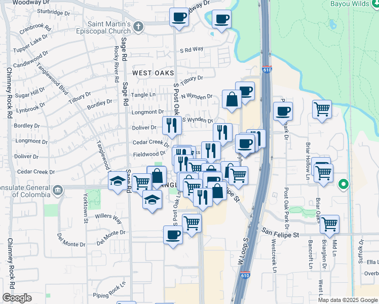 map of restaurants, bars, coffee shops, grocery stores, and more near in Houston