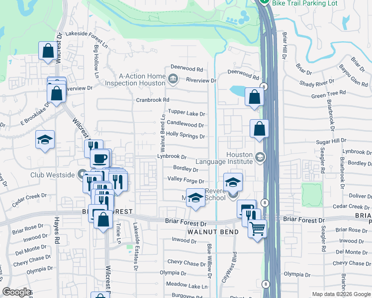 map of restaurants, bars, coffee shops, grocery stores, and more near 10627 Sugar Hill Drive in Houston