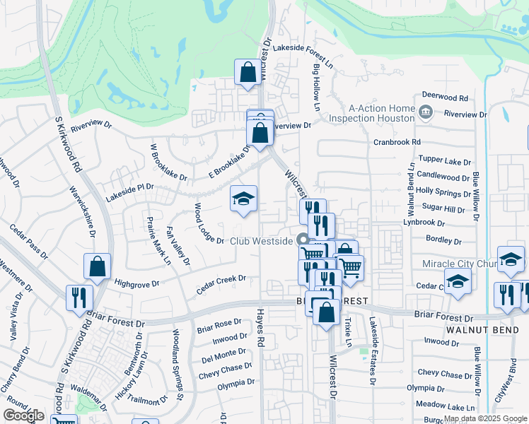 map of restaurants, bars, coffee shops, grocery stores, and more near 11206 Lynbrook Drive in Houston