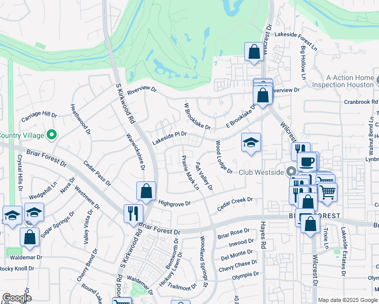 map of restaurants, bars, coffee shops, grocery stores, and more near 1627 Prairie Mark Lane in Houston