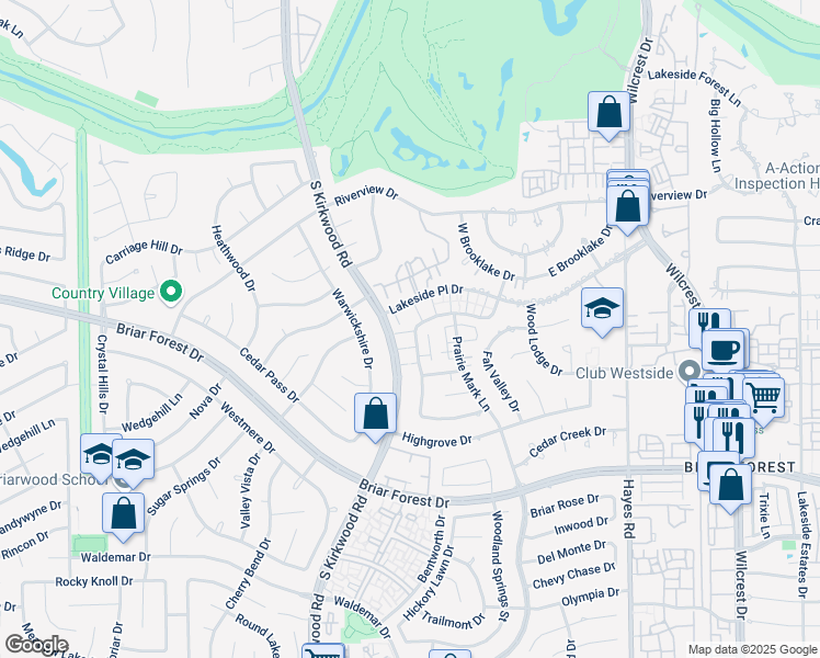 map of restaurants, bars, coffee shops, grocery stores, and more near 1613 Prairie Grove Drive in Houston