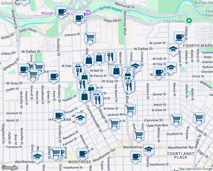 map of restaurants, bars, coffee shops, grocery stores, and more near 1245 Peden Street in Houston