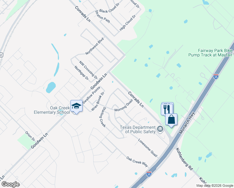 map of restaurants, bars, coffee shops, grocery stores, and more near 374 Tanager Drive in New Braunfels