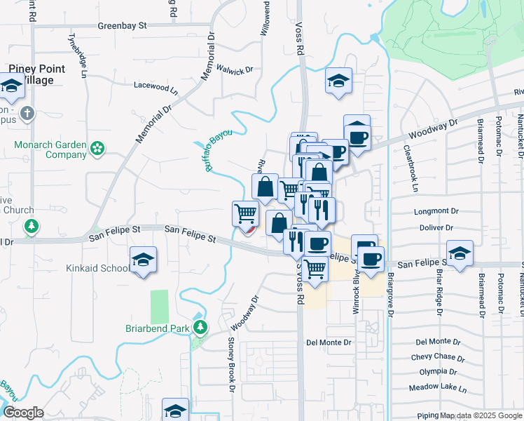 map of restaurants, bars, coffee shops, grocery stores, and more near 7670 Woodway Drive in Houston