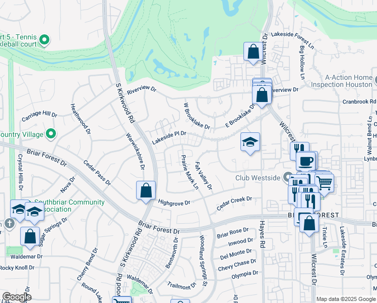 map of restaurants, bars, coffee shops, grocery stores, and more near 1627 Prairie Mark Lane in Houston