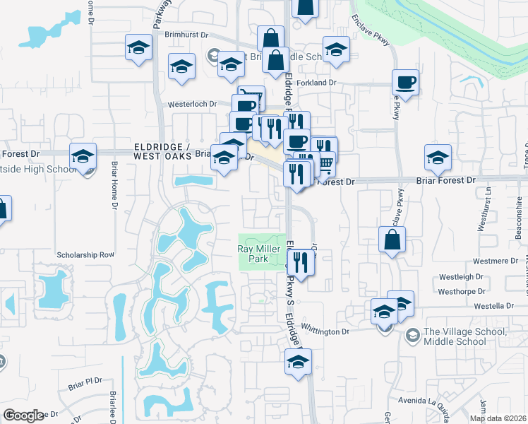 map of restaurants, bars, coffee shops, grocery stores, and more near 1600 Eldridge Parkway in Houston