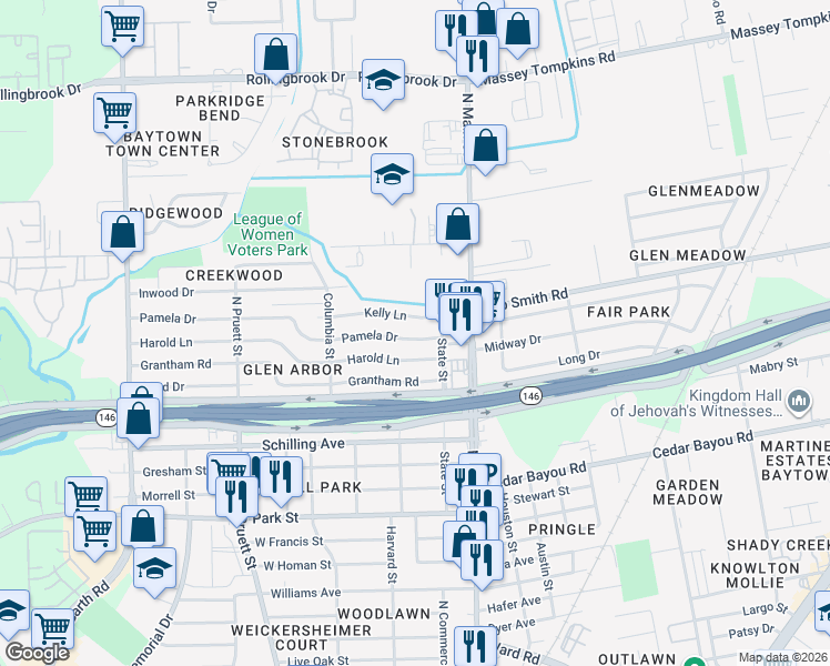 map of restaurants, bars, coffee shops, grocery stores, and more near 113 Pamela Drive in Baytown