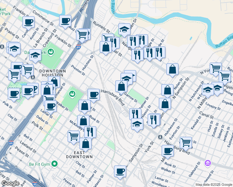 map of restaurants, bars, coffee shops, grocery stores, and more near 2711 Harrisburg Boulevard in Houston