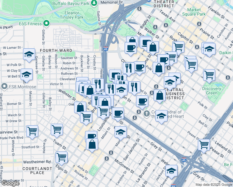 map of restaurants, bars, coffee shops, grocery stores, and more near 600 Jefferson Street in Houston