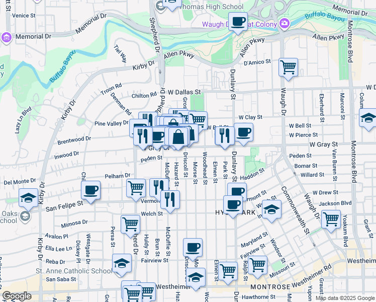 map of restaurants, bars, coffee shops, grocery stores, and more near 1940 Peden Street in Houston