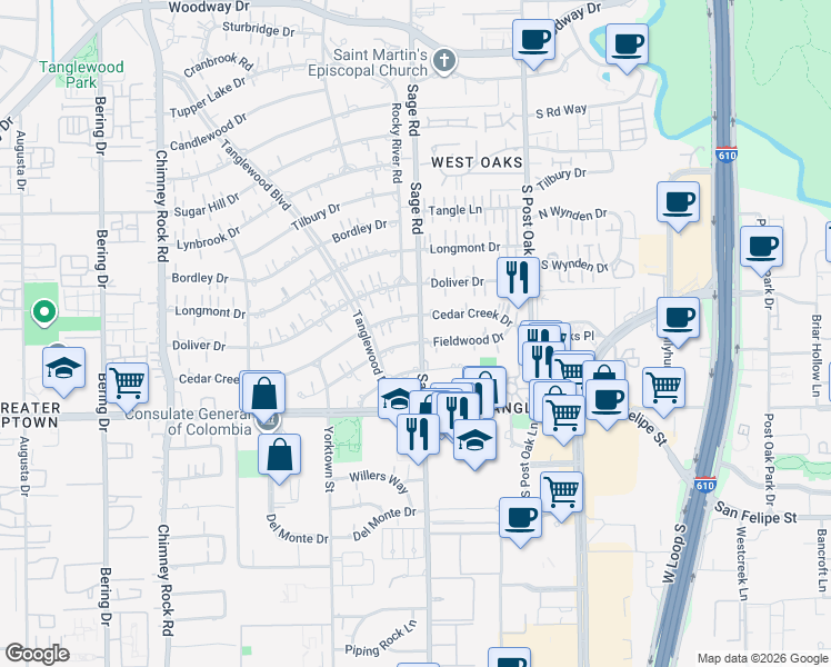 map of restaurants, bars, coffee shops, grocery stores, and more near 5204 Fieldwood Drive in Houston