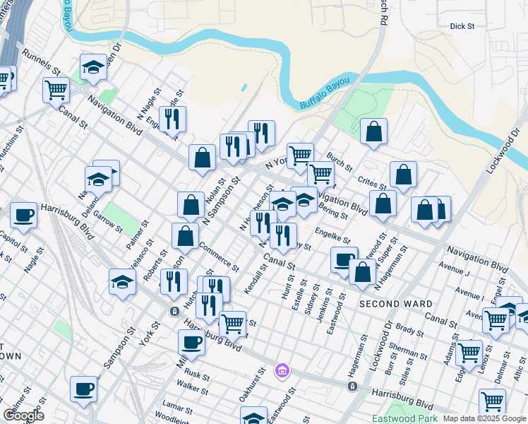 map of restaurants, bars, coffee shops, grocery stores, and more near 229 North Milby Street in Houston