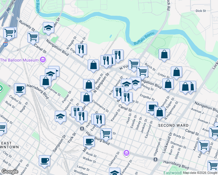map of restaurants, bars, coffee shops, grocery stores, and more near 208 North Hutcheson Street in Houston