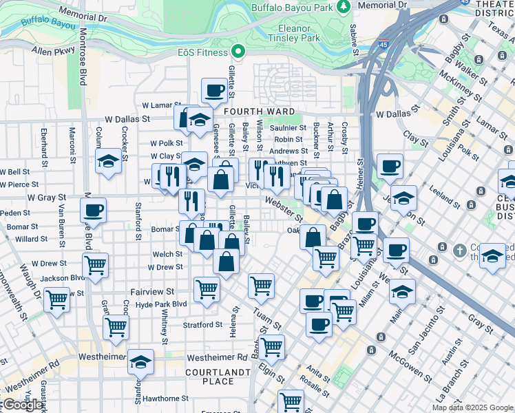 map of restaurants, bars, coffee shops, grocery stores, and more near 1807 Bailey Street in Houston