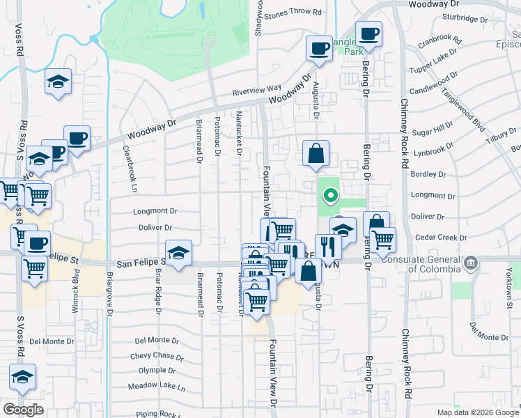 map of restaurants, bars, coffee shops, grocery stores, and more near 5888 Doliver Drive in Houston