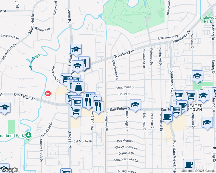 map of restaurants, bars, coffee shops, grocery stores, and more near 1327 Winrock Boulevard in Houston