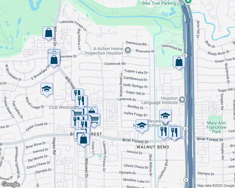 map of restaurants, bars, coffee shops, grocery stores, and more near 10810 Lynbrook Drive in Houston