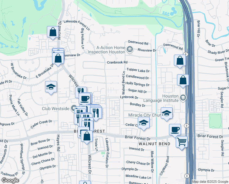 map of restaurants, bars, coffee shops, grocery stores, and more near 10810 Lynbrook Drive in Houston