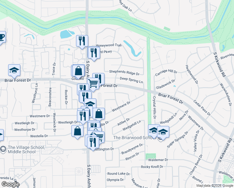 map of restaurants, bars, coffee shops, grocery stores, and more near 1502 Ashford Hollow Lane in Houston