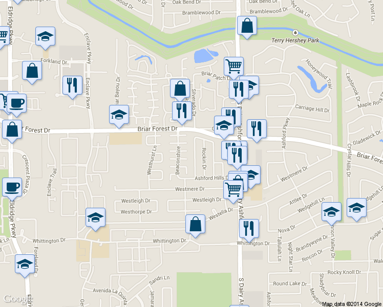 map of restaurants, bars, coffee shops, grocery stores, and more near 1546 Ainsdale Drive in Houston