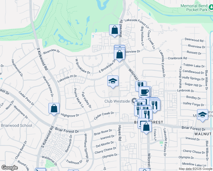 map of restaurants, bars, coffee shops, grocery stores, and more near 1503 Holly River Drive in Houston