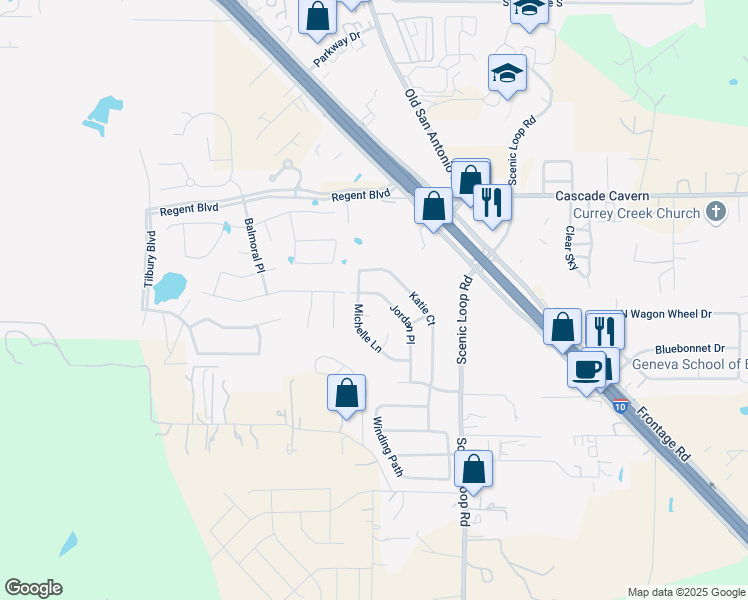 map of restaurants, bars, coffee shops, grocery stores, and more near 250 Jordan Place in Boerne
