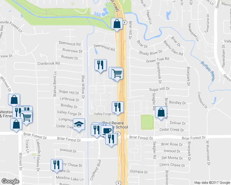 map of restaurants, bars, coffee shops, grocery stores, and more near 800 Texas 8 Beltway in Houston