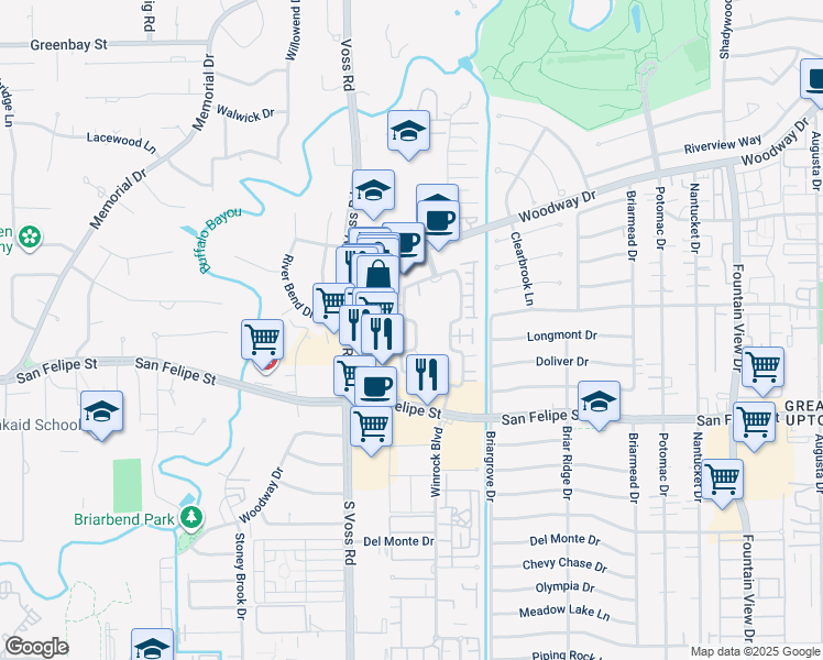 map of restaurants, bars, coffee shops, grocery stores, and more near 1414 Wood Hollow Drive in Houston