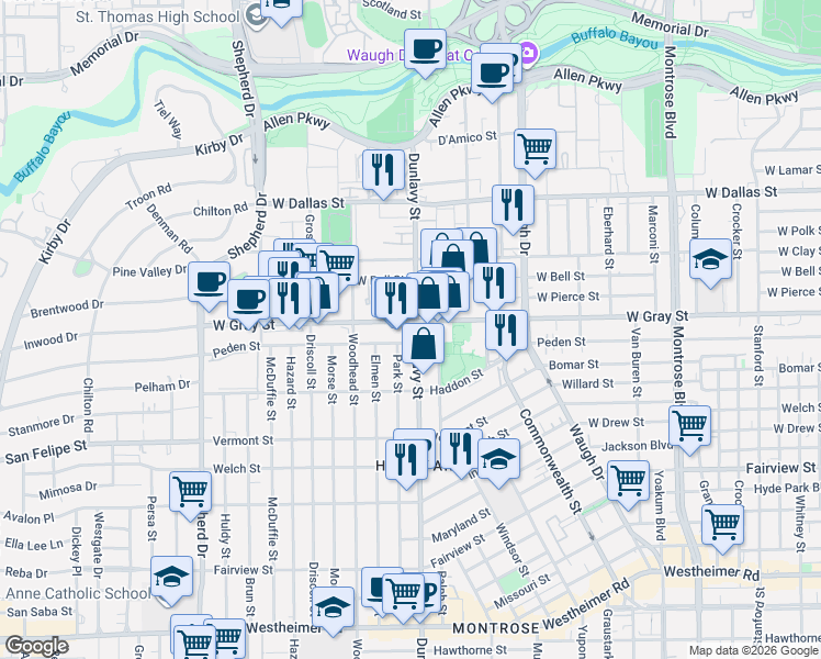 map of restaurants, bars, coffee shops, grocery stores, and more near in Houston