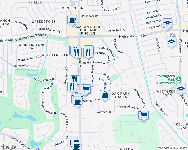 map of restaurants, bars, coffee shops, grocery stores, and more near 2002 Bevington Oaks Circle in Katy