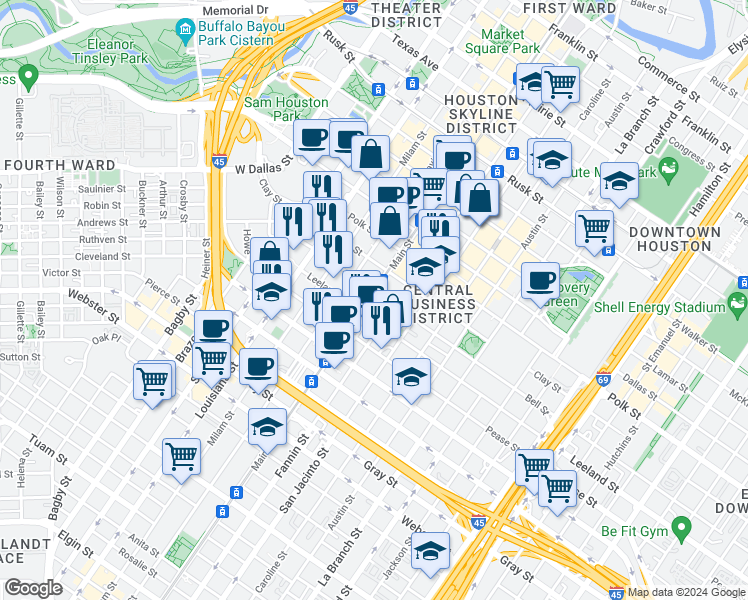map of restaurants, bars, coffee shops, grocery stores, and more near 1500 Main street in Houston