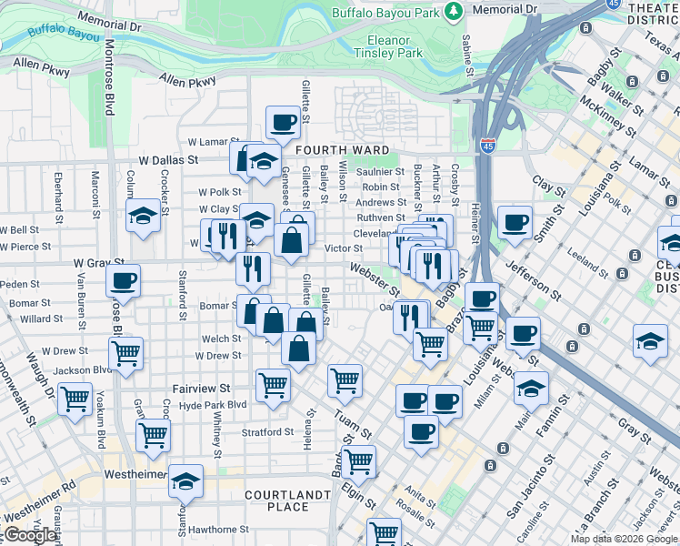 map of restaurants, bars, coffee shops, grocery stores, and more near 1807 Bailey Street in Houston