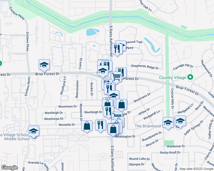 map of restaurants, bars, coffee shops, grocery stores, and more near 1500 South Dairy Ashford Road in Houston