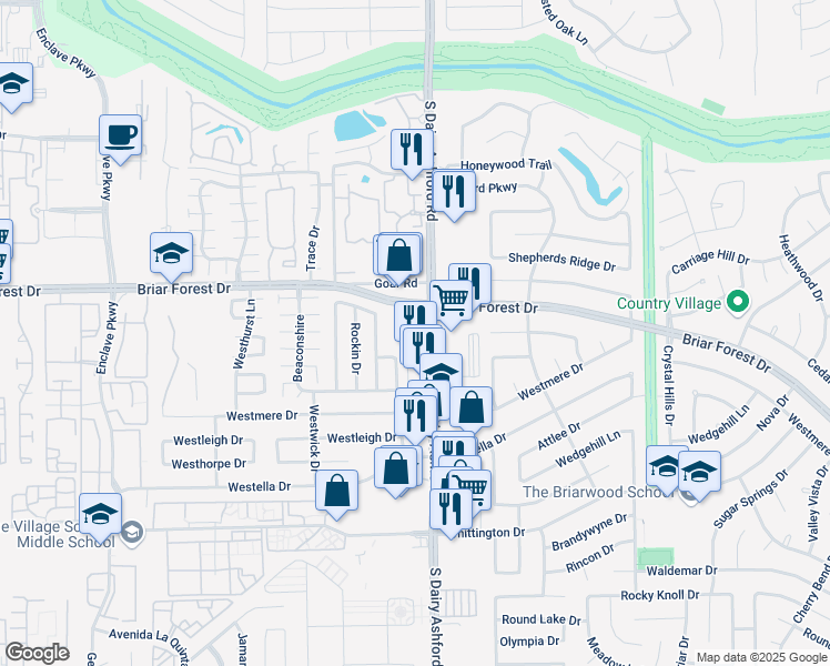 map of restaurants, bars, coffee shops, grocery stores, and more near 1500 South Dairy Ashford Road in Houston