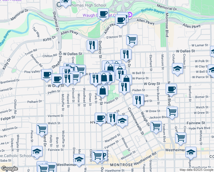 map of restaurants, bars, coffee shops, grocery stores, and more near 1504 Ridgewood Street in Houston